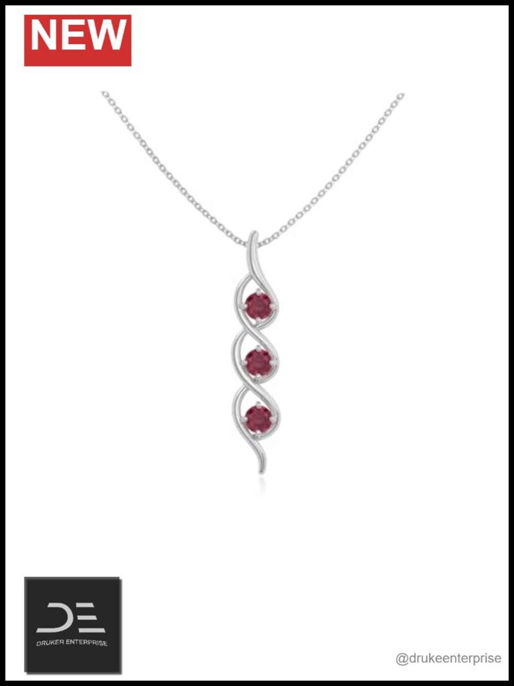 Sterling Silver 3 Stone Ruby Pendant Necklace Helix Design 18" Gift